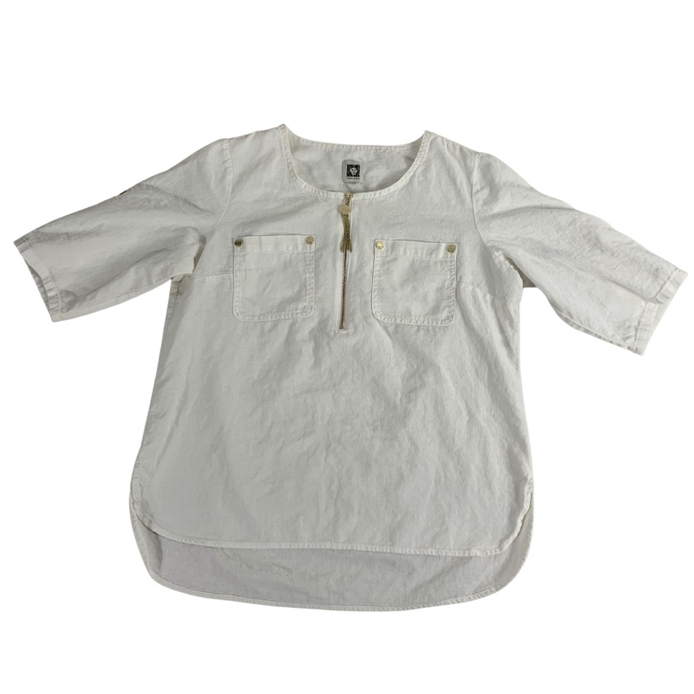 Anne Klein Linen Viscose Quarter Zip Roll Tab Popover Blouse L/XL Minimalist